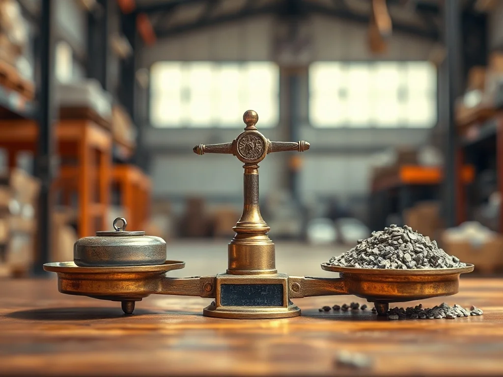 Zabytkowa waga szalkowa z odważnikiem i żwirem na drewnianym stole, symbolizująca precyzyjne odmierzanie masy.