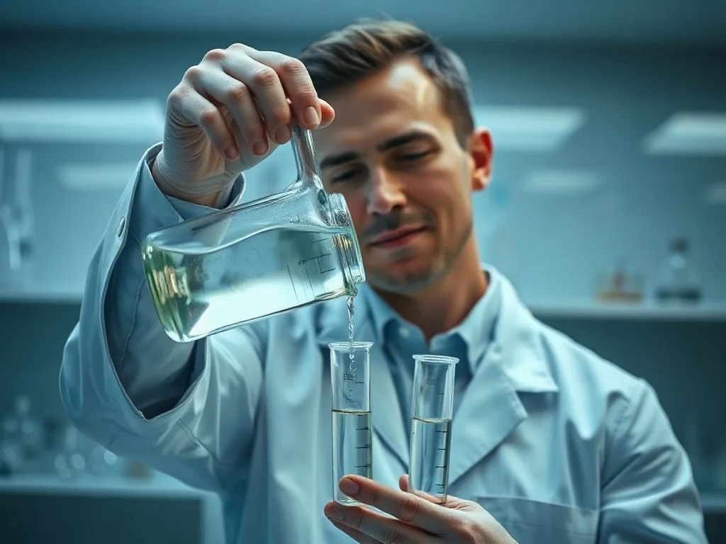 Pracownik laboratorium precyzyjnie przelewa płyn do szklanych miarek, ilustrując proces odmierzania objętości cieczy.